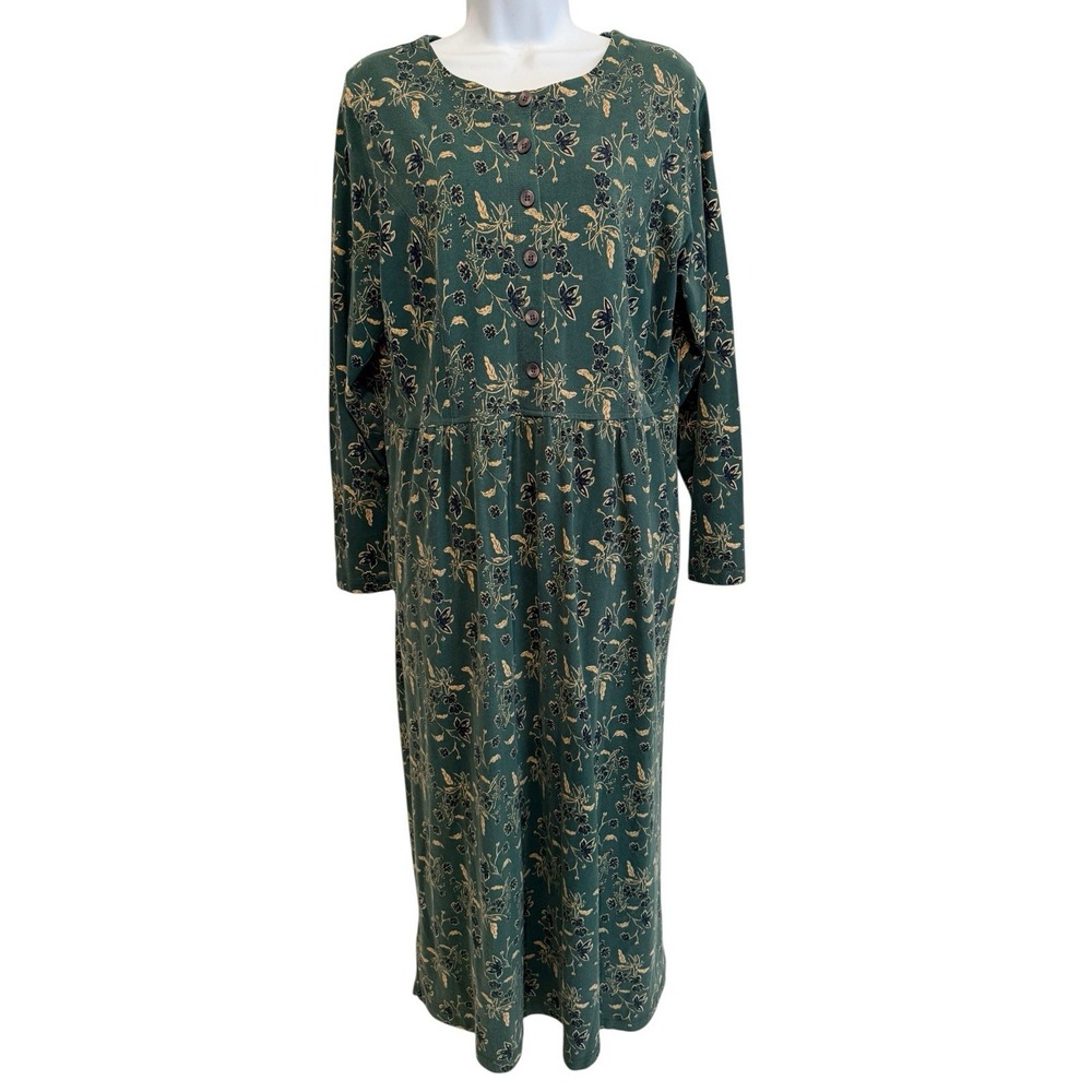 LL Bean Floral Midi Dress L Floral Green Cottagecore L/S Boho Vtg Grandma Pocket